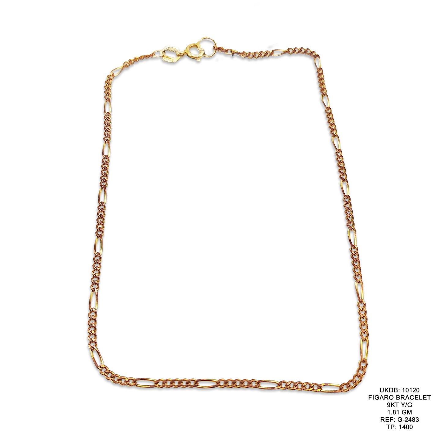 9KT Yellow Gold Figaro Bracelet 1.81GM – Elegant Lightweight Gold Chain Bracelet