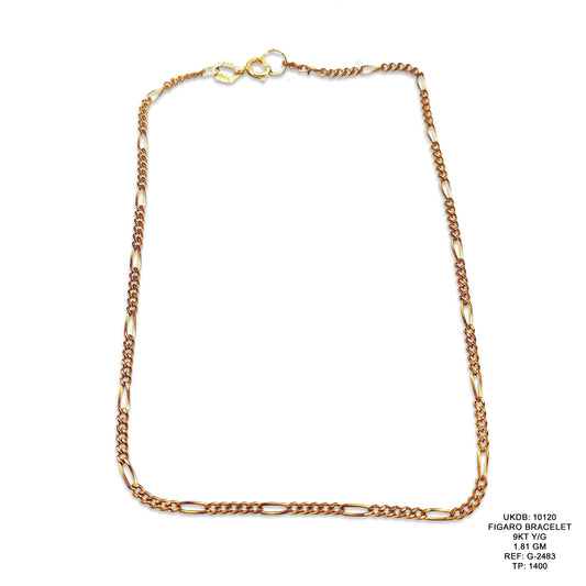 9KT Yellow Gold Figaro Bracelet 1.81GM – Elegant Lightweight Gold Chain Bracelet