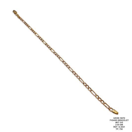 9KT Yellow Gold Figaro Bracelet 2.03GM – Elegant Lightweight Gold Chain Bracelet