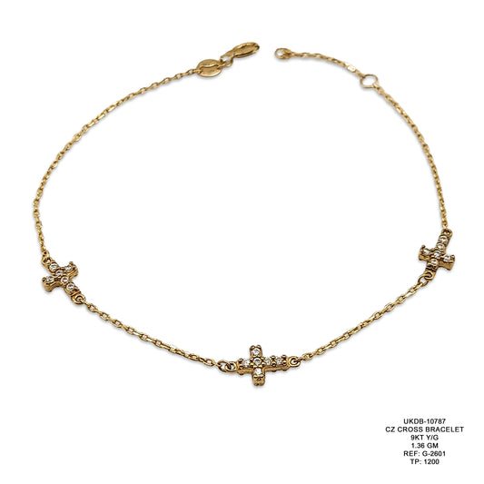 9KT Yellow Gold CZ Cross Bracelet 1.36GM – Elegant Religious Gold Bracelet