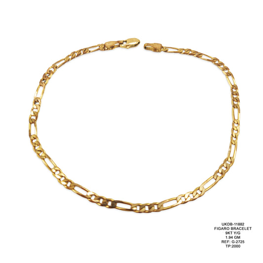 9KT Yellow Gold Figaro Bracelet 1.94GM – Elegant Lightweight Designer Gold Chain Bracelet