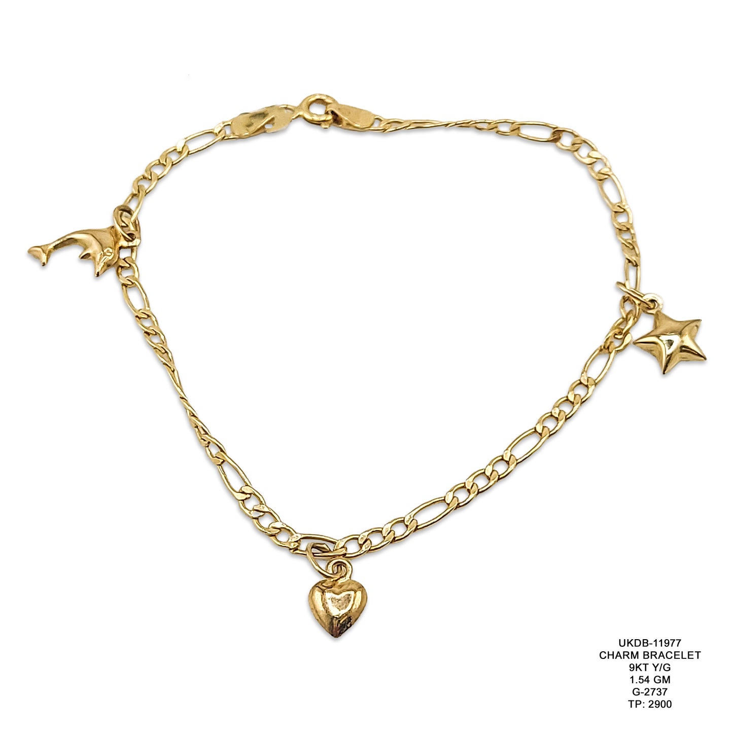 9KT Yellow Gold Charm Bracelet 1.54GM – Elegant Lightweight Gold Charm Chain Bracelet
