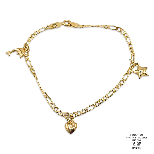 9KT Yellow Gold Charm Bracelet 1.54GM – Elegant Lightweight Gold Charm Chain Bracelet