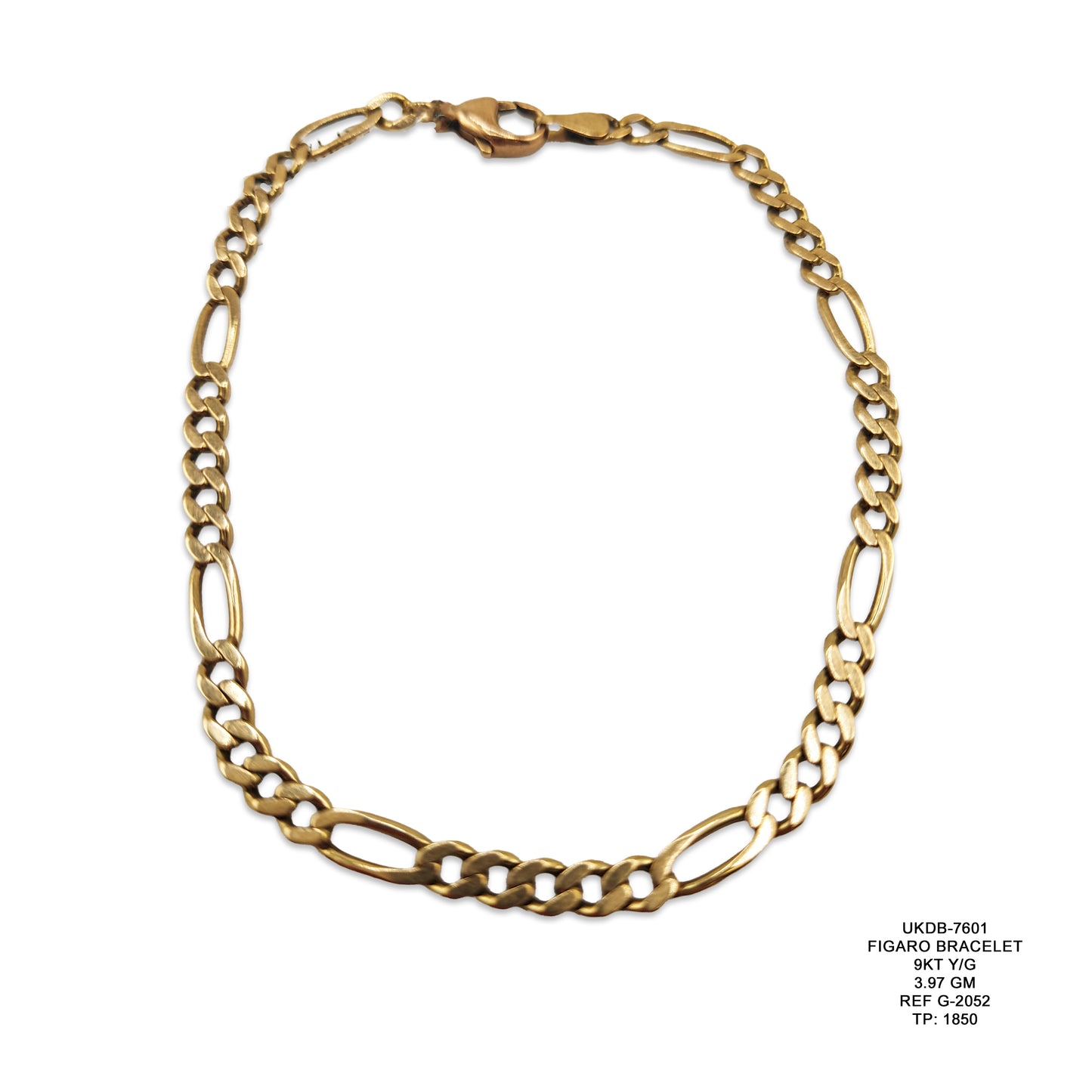 9KT Yellow Gold Figaro Bracelet 3.97GM – Elegant Classic Gold Chain Bracelet