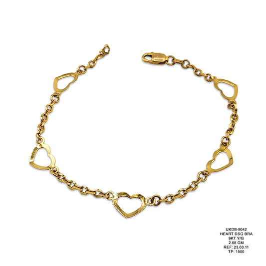 9KT Yellow Gold Heart Designer Bracelet 2.68GM – Elegant Love Heart Gold Bracelet