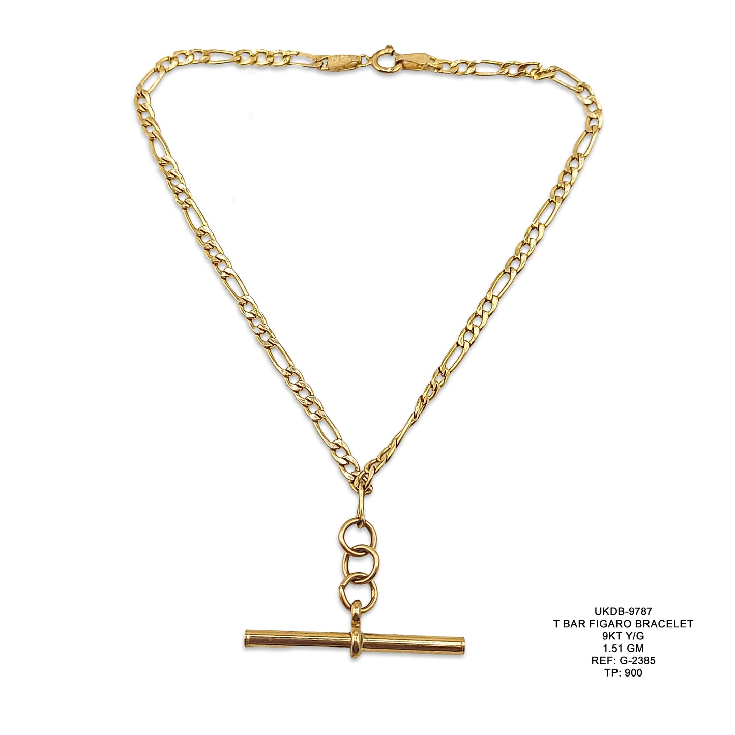9KT Yellow Gold T Bar Figaro Bracelet 1.51GM – Elegant Lightweight Gold Bracelet