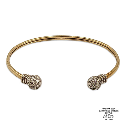 9KT Yellow Gold CZ Torque Bangle 6.4GM – Elegant Cubic Zirconia Designer Bracelet