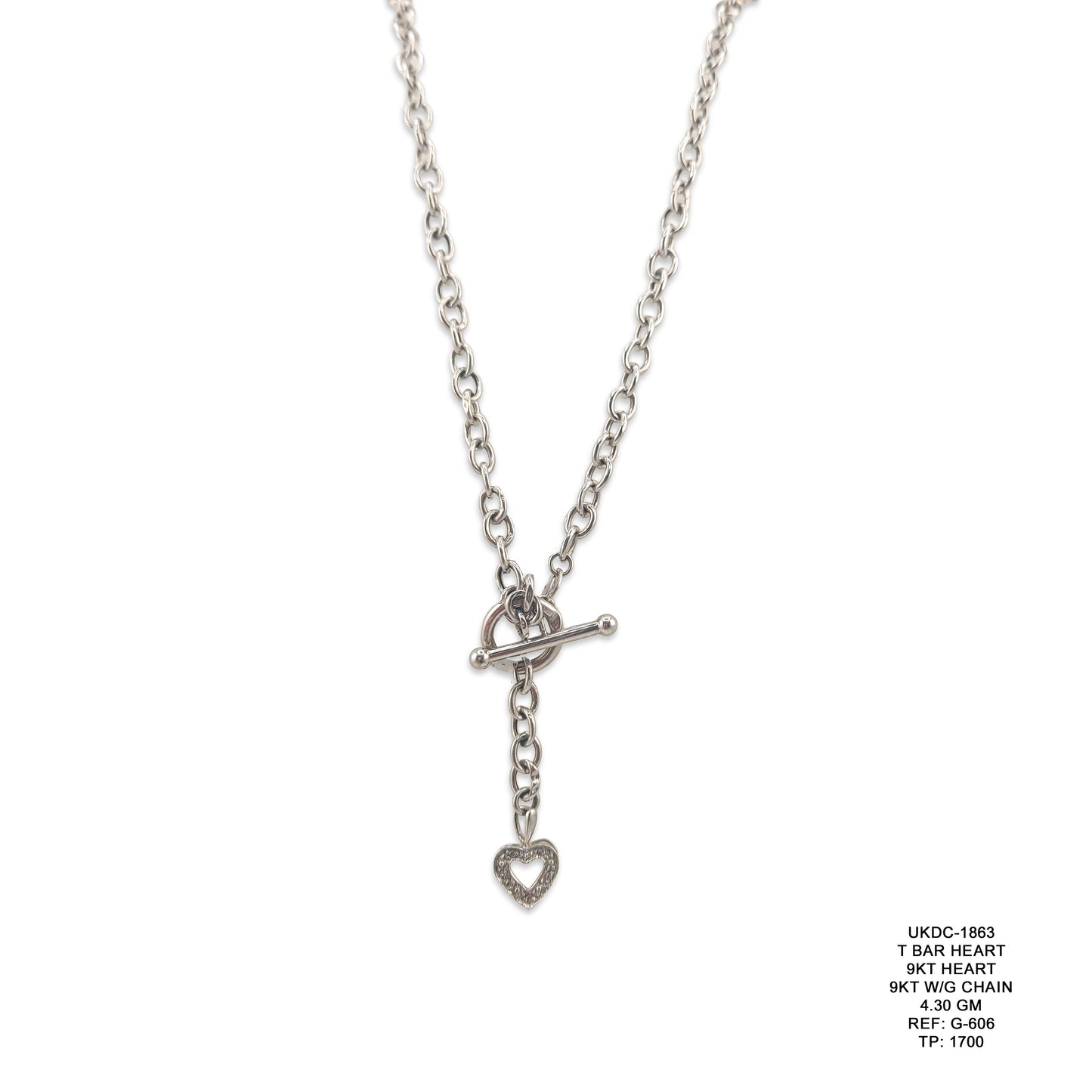 9KT White Gold T-Bar Heart Necklace 4.30GM – Elegant Heart Pendant Chain for Women