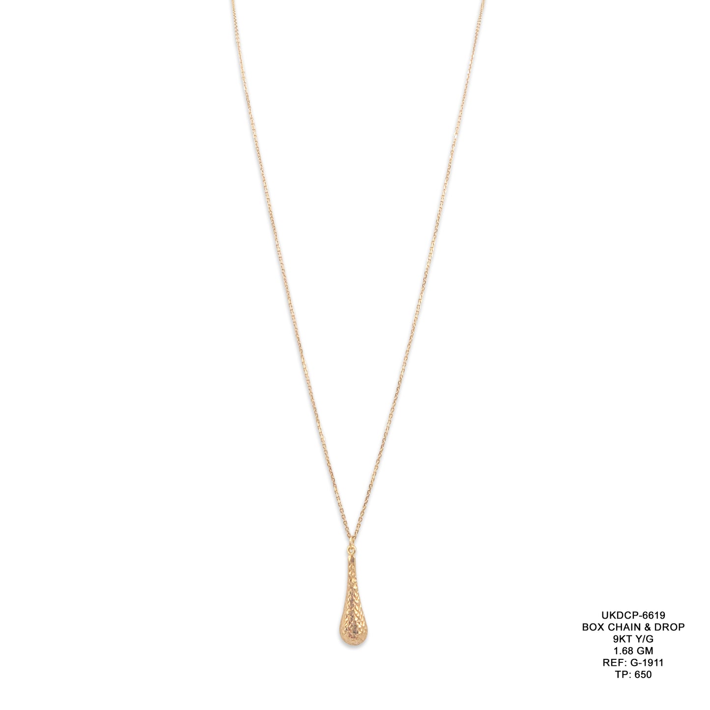 9KT Yellow Gold Box Chain & Drop Pendant Necklace 1.68GM – Delicate Gold Drop Necklace for Women