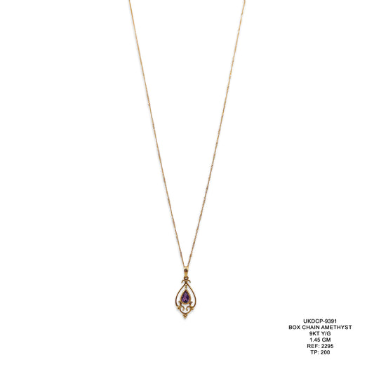 9KT Yellow Gold Box Chain with Amethyst Pendant 1.45GM – Elegant Amethyst Gold Necklace