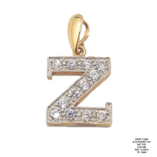 9KT Yellow Gold CZ Letter N Pendant 2.93GM – Cubic Zirconia Initial N Gold Pendant