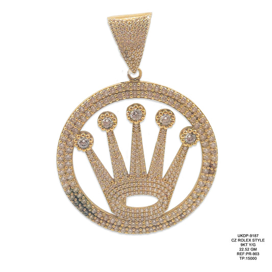 9KT Yellow Gold CZ Rolex Style Pendant 22.52GM – Luxury Cubic Zirconia Designer Gold Pendant