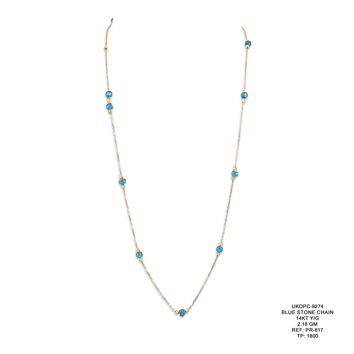14KT Yellow Gold Blue Stone Chain 2.18GM – Elegant Blue Stone Gold Necklace
