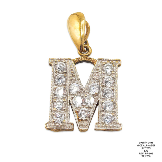 9KT Yellow Gold Letter M CZ Alphabet Pendant 3.73GM – Cubic Zirconia Initial Gold Pendant