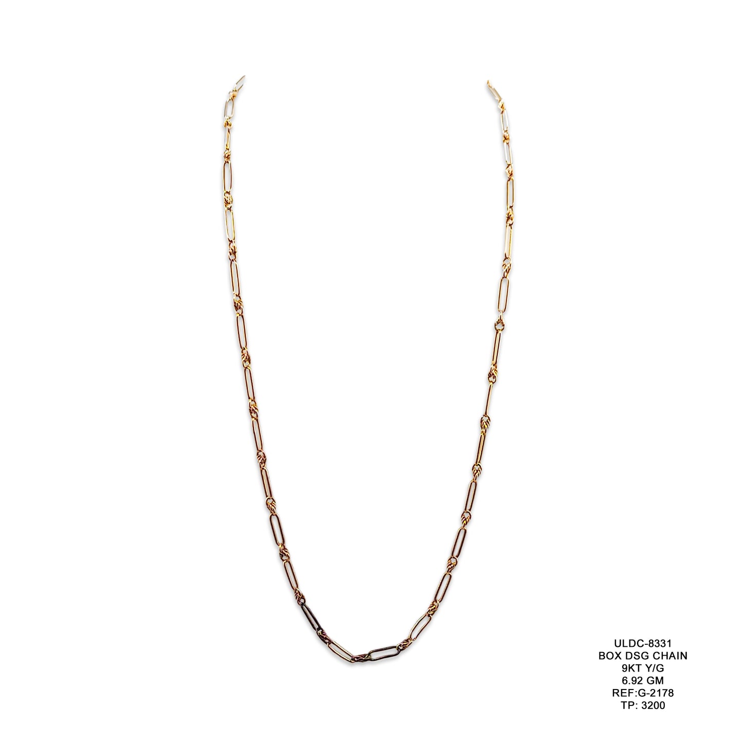 9KT Yellow Gold Box Design Chain 6.92GM – Elegant Geometric Gold Chain Necklace