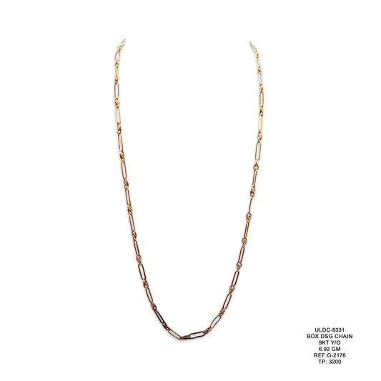 9KT Yellow Gold Box Design Chain 6.92GM – Elegant Geometric Gold Chain Necklace