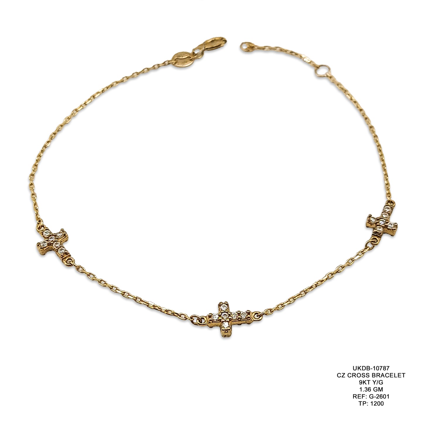 9KT Yellow Gold CZ Cross Bracelet 1.36GM – Elegant Religious Gold Bracelet