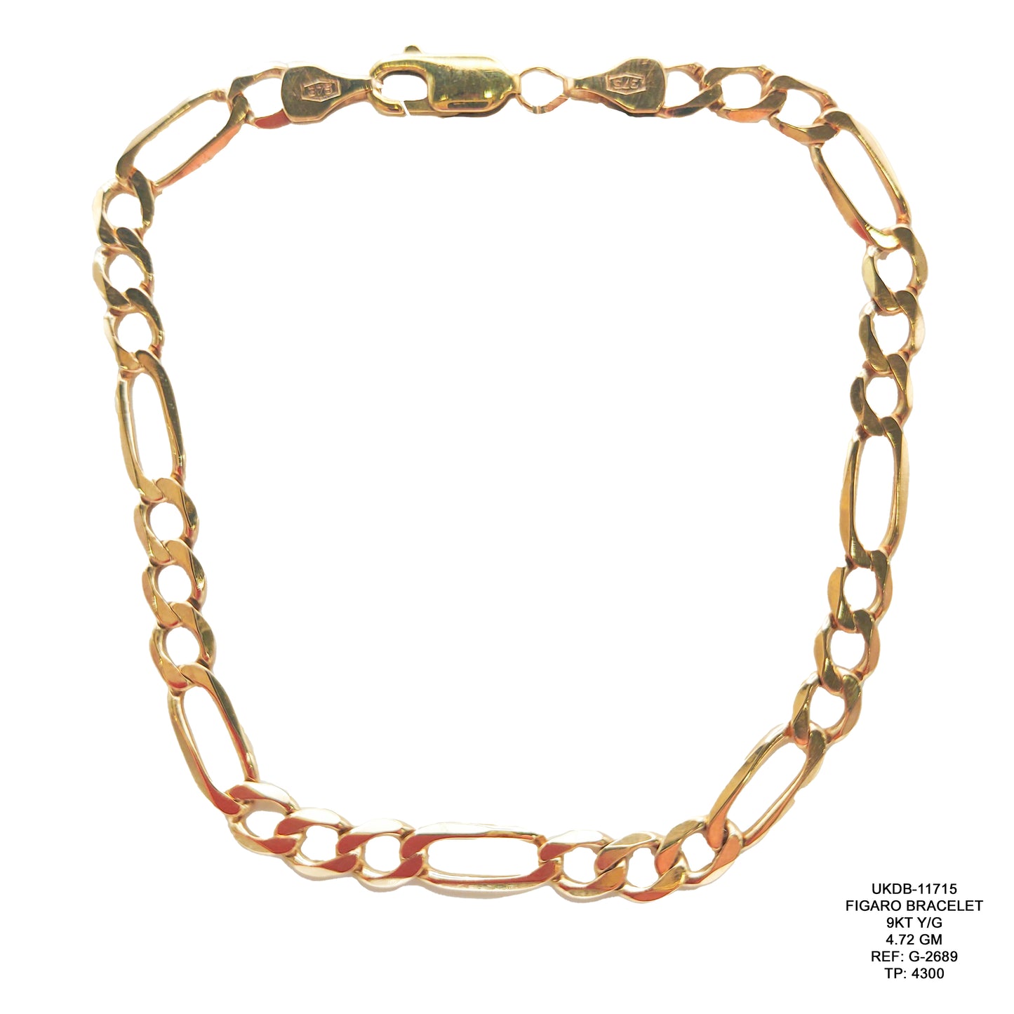 9KT Yellow Gold Figaro Bracelet 4.72GM – Elegant Lightweight Gold Bracelet