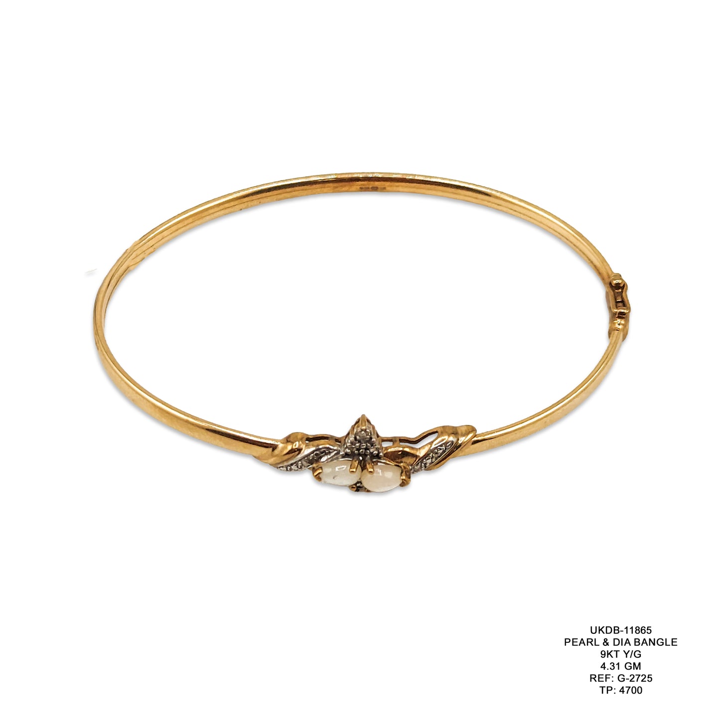 9KT Yellow Gold Pearl & Diamond Bangle 4.31GM – Elegant Designer Pearl Gold Bracelet