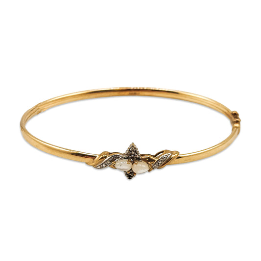 9KT Yellow Gold Pearl & Diamond Bangle 4.31GM – Elegant Designer Pearl Gold Bracelet