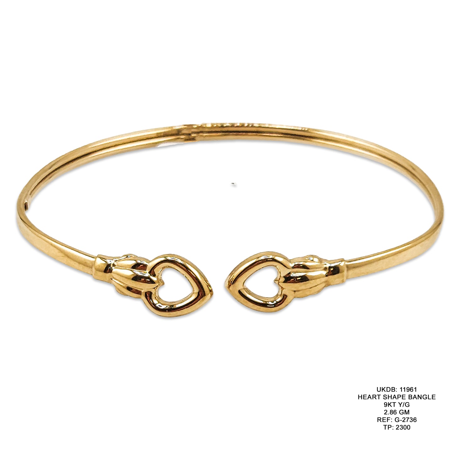 9KT Yellow Gold Heart Shape Bangle 2.86GM – Elegant Lightweight Heart Design Bracelet
