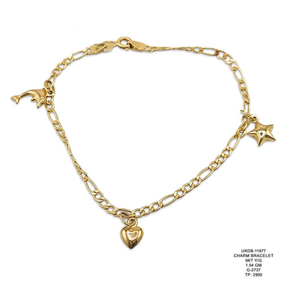 9KT Yellow Gold Charm Bracelet 1.54GM – Elegant Lightweight Gold Charm Chain Bracelet