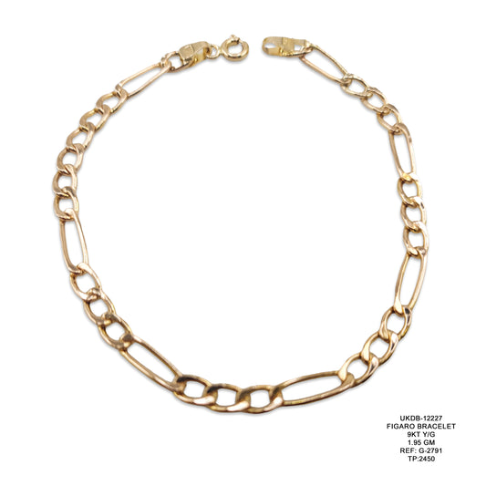 9KT Yellow Gold Figaro Bracelet 1.95GM – Elegant Lightweight Designer Gold Bracelet