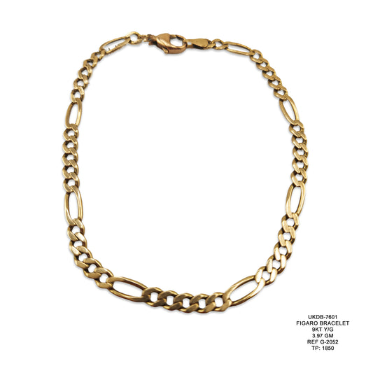 9KT Yellow Gold Figaro Bracelet 3.97GM – Elegant Classic Gold Chain Bracelet