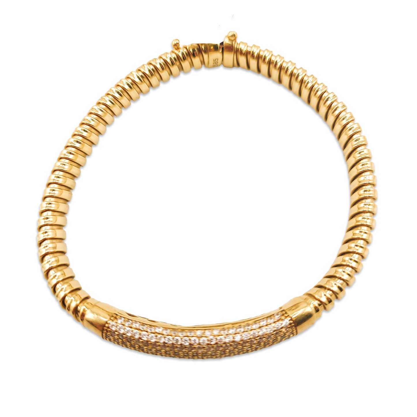 14KT Yellow Gold CZ Bangle 19.43GM – Elegant Diamond-Cut Cubic Zirconia Bracelet