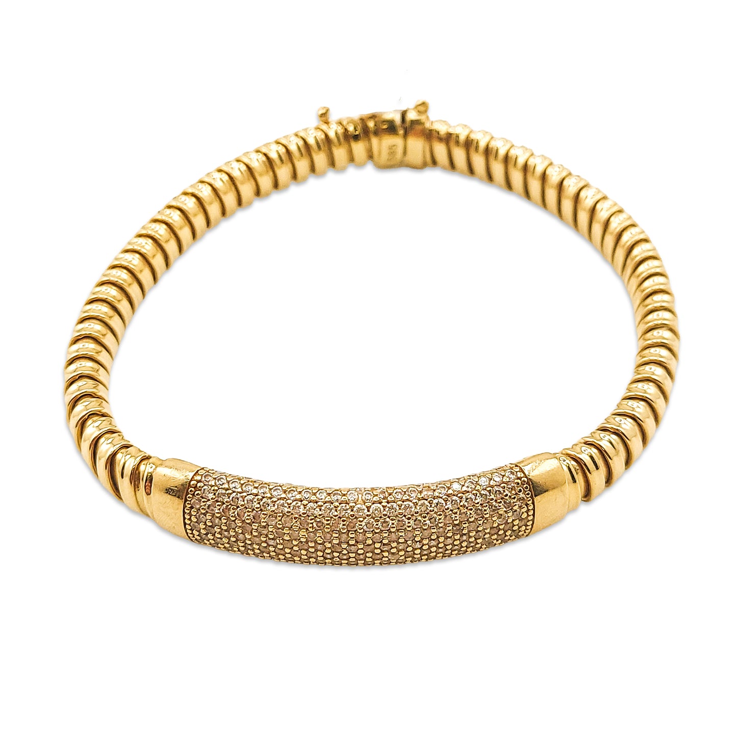 14KT Yellow Gold CZ Bangle 19.43GM – Elegant Diamond-Cut Cubic Zirconia Bracelet