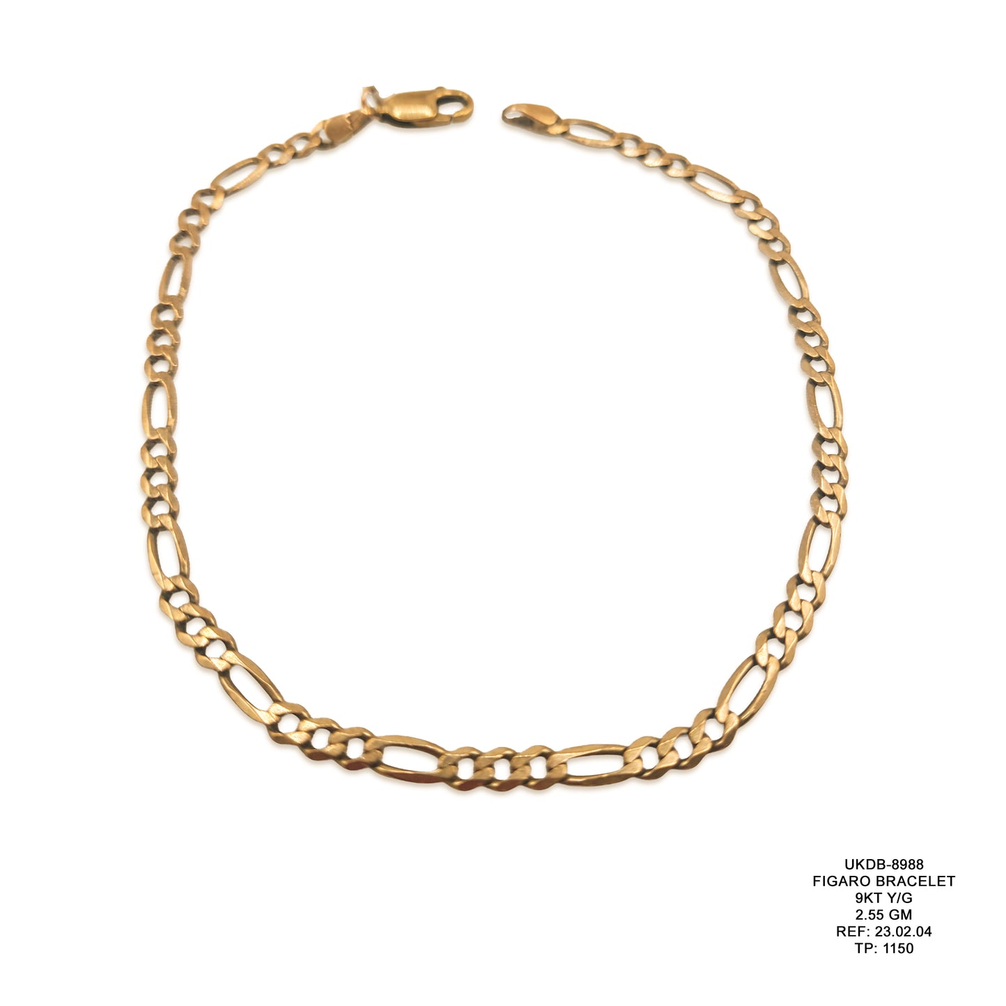 9KT Yellow Gold Figaro Bracelet 2.55GM – Elegant Lightweight Gold Chain Bracelet