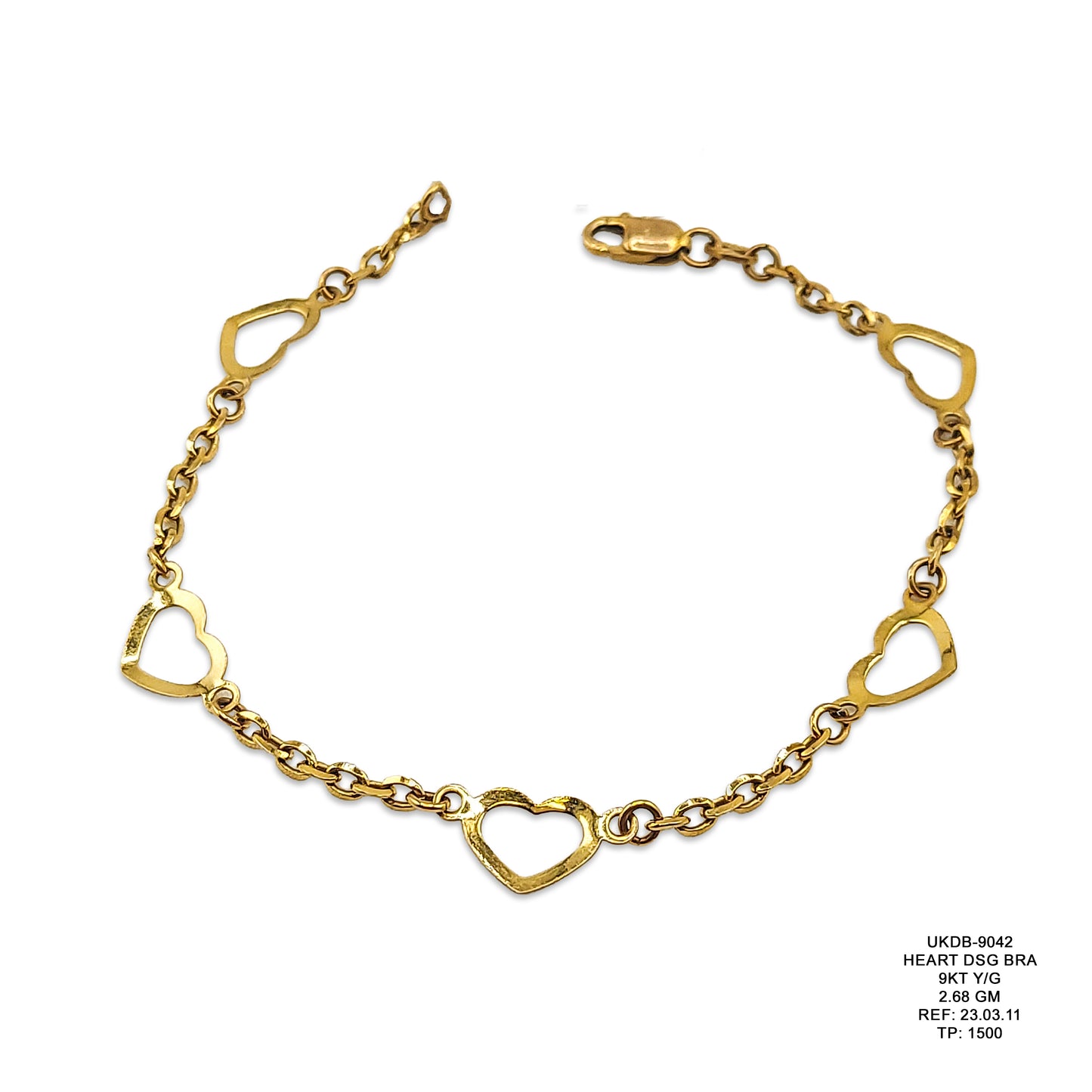 9KT Yellow Gold Heart Designer Bracelet 2.68GM – Elegant Love Heart Gold Bracelet
