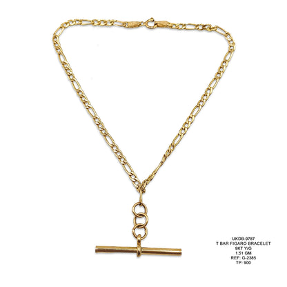 9KT Yellow Gold T Bar Figaro Bracelet 1.51GM – Elegant Lightweight Gold Bracelet