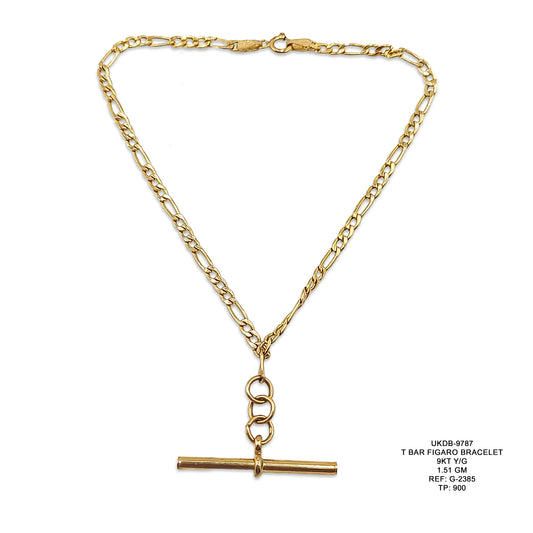 9KT Yellow Gold T Bar Figaro Bracelet 1.51GM – Elegant Lightweight Gold Bracelet