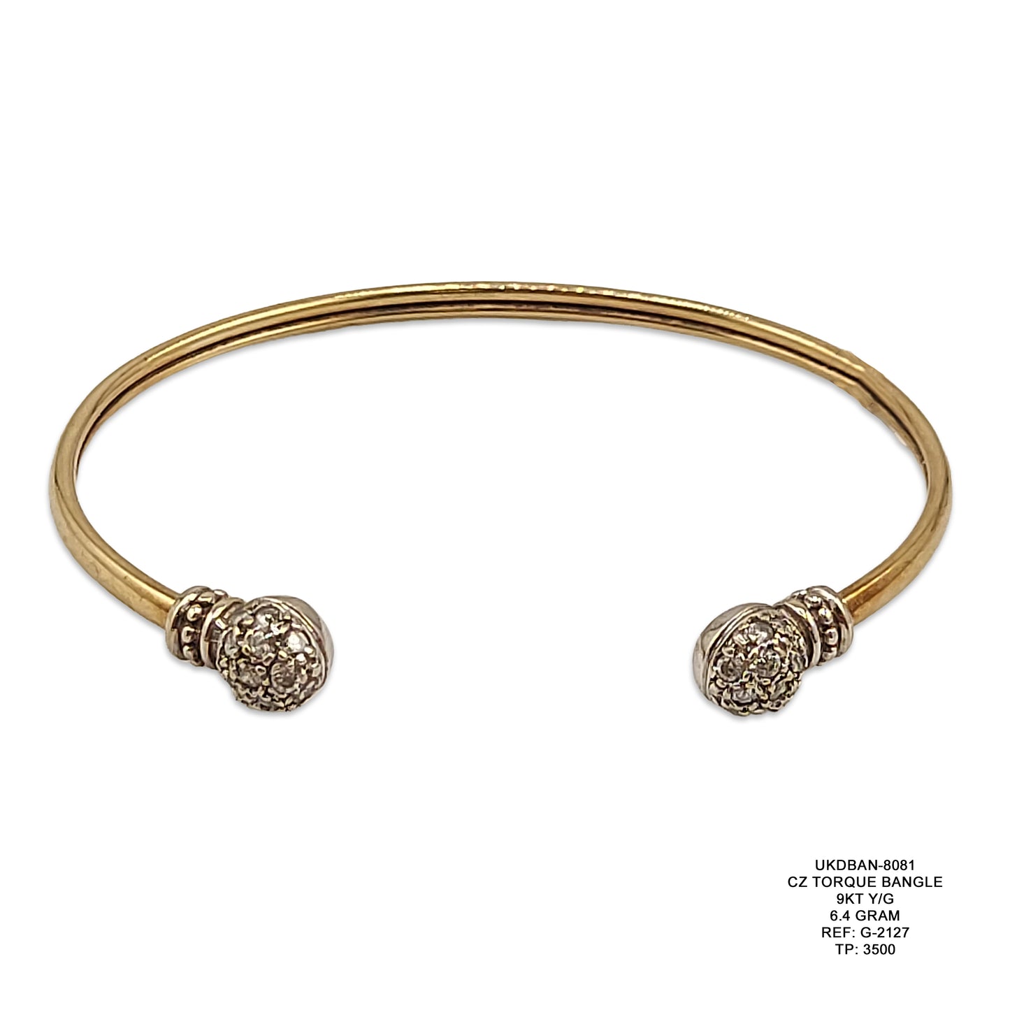 9KT Yellow Gold CZ Torque Bangle 6.4GM – Elegant Cubic Zirconia Designer Bracelet
