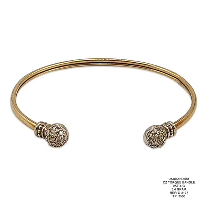 9KT Yellow Gold CZ Torque Bangle 6.4GM – Elegant Cubic Zirconia Designer Bracelet
