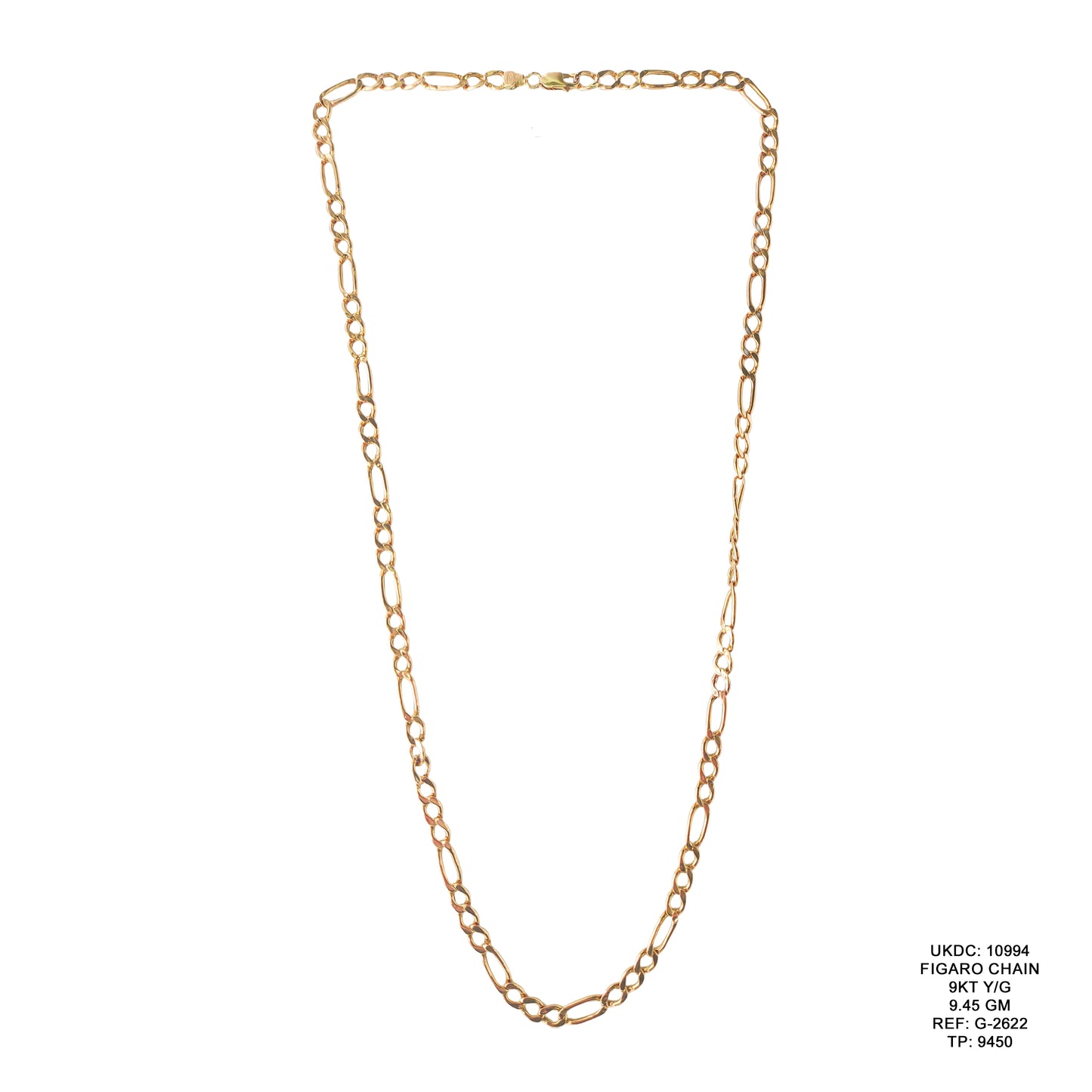 9KT Yellow Gold Figaro Chain 9.45GM – Elegant Classic Figaro Gold Chain