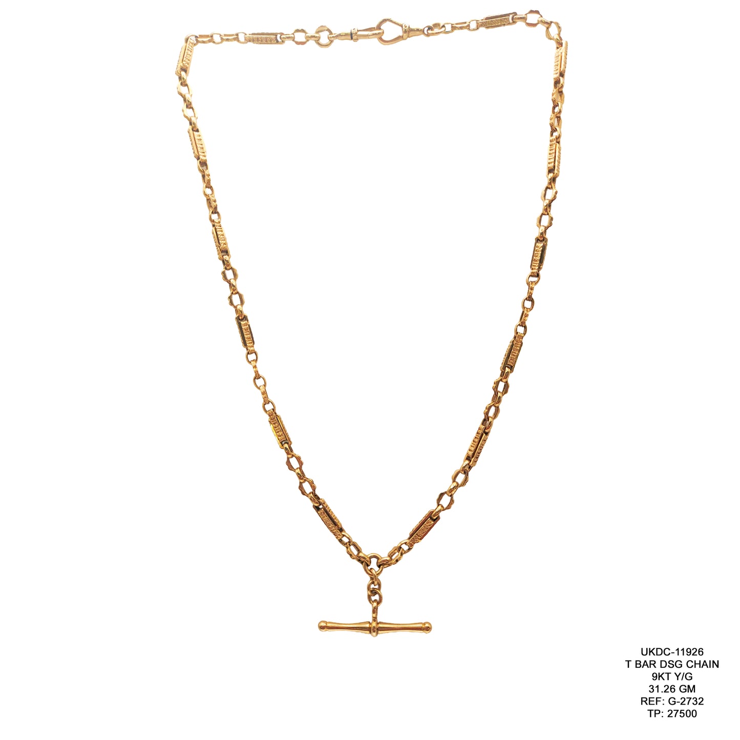 9KT Yellow Gold T Bar Design Chain 31.26GM – Luxury Vintage Style Gold Chain