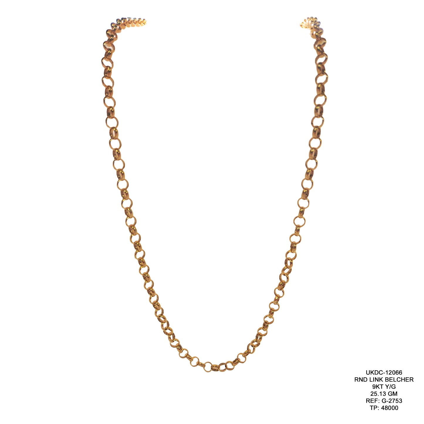9KT Yellow Gold Round Link Belcher Chain 25.13GM – Premium Classic Gold Chain
