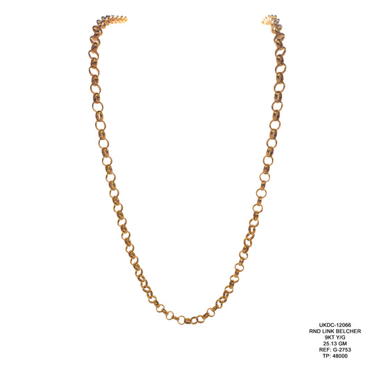 9KT Yellow Gold Round Link Belcher Chain 25.13GM – Premium Classic Gold Chain