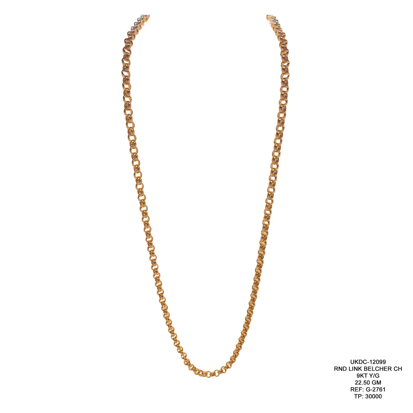 9KT Yellow Gold Round Link Belcher Chain 22.50GM – Elegant Luxury Gold Chain