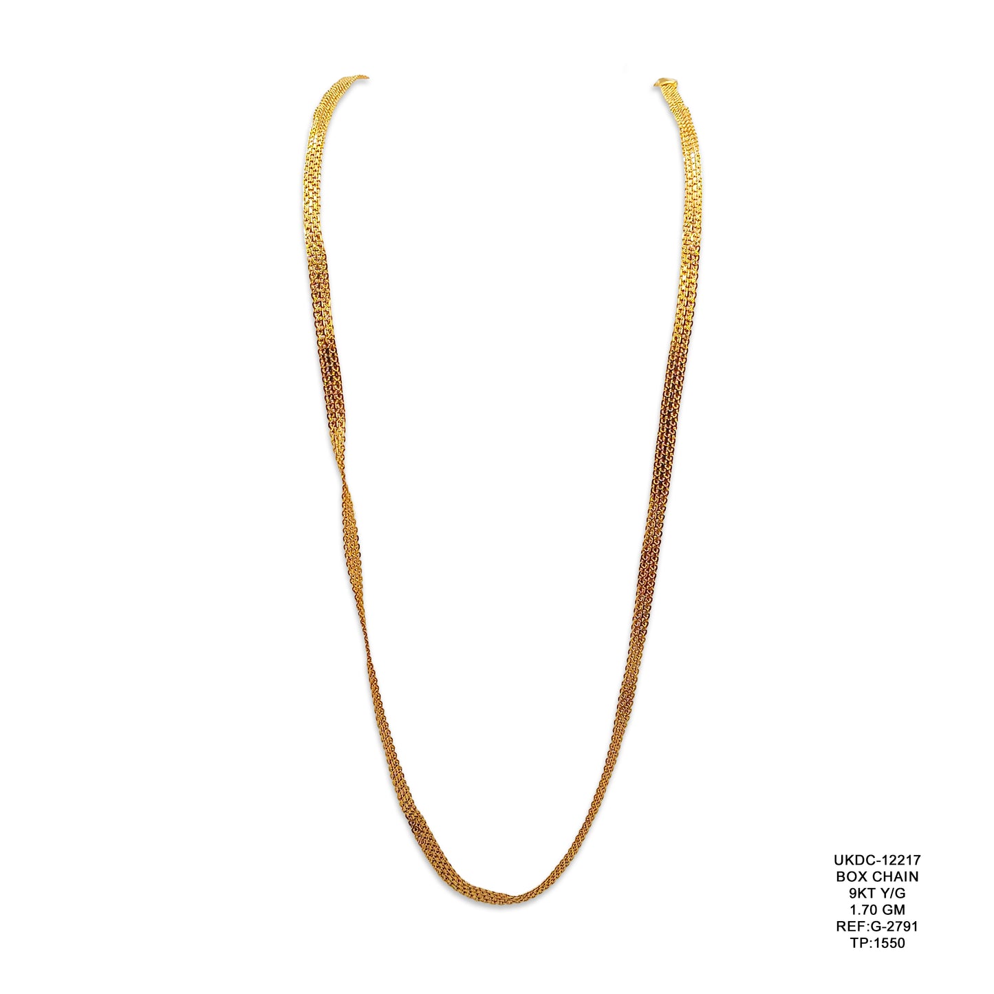 9KT Yellow Gold Box Chain 1.70GM – Elegant Lightweight Gold Chain Necklace