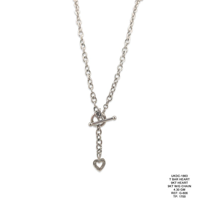 9KT White Gold T-Bar Heart Necklace 4.30GM – Elegant Heart Pendant Chain for Women
