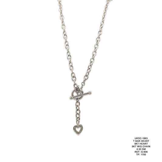 9KT White Gold T-Bar Heart Necklace 4.30GM – Elegant Heart Pendant Chain for Women