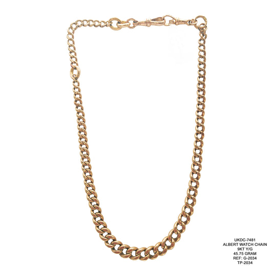 9KT Yellow Gold Albert Watch Chain 45.75GM – Vintage Luxury Pocket Watch Chain