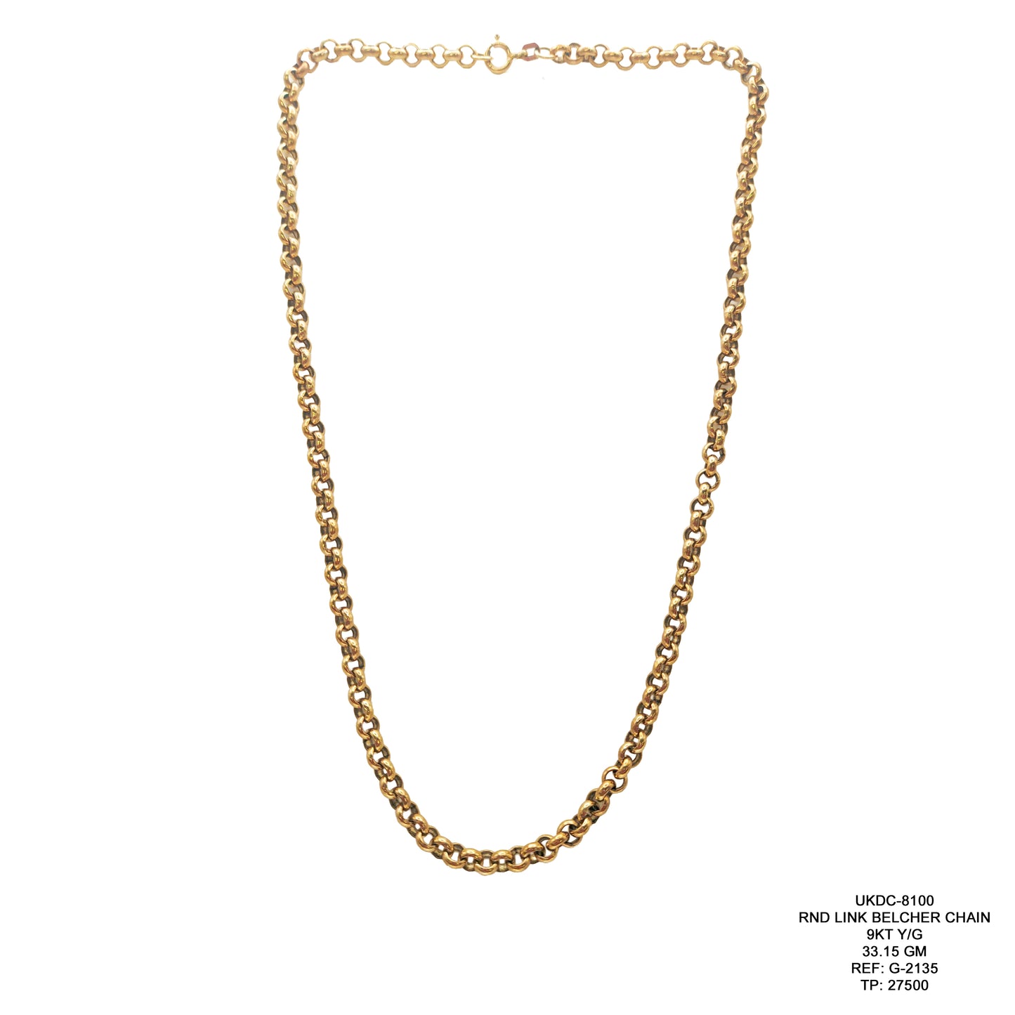 9KT Yellow Gold Round Link Belcher Chain 33.15GM – Luxury Statement Gold Chain
