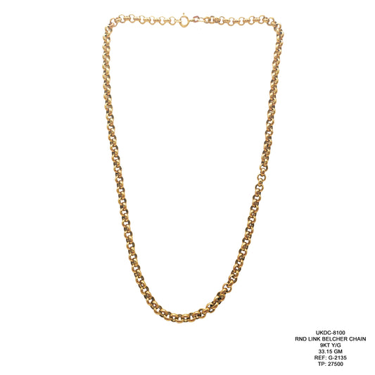 9KT Yellow Gold Round Link Belcher Chain 33.15GM – Luxury Statement Gold Chain