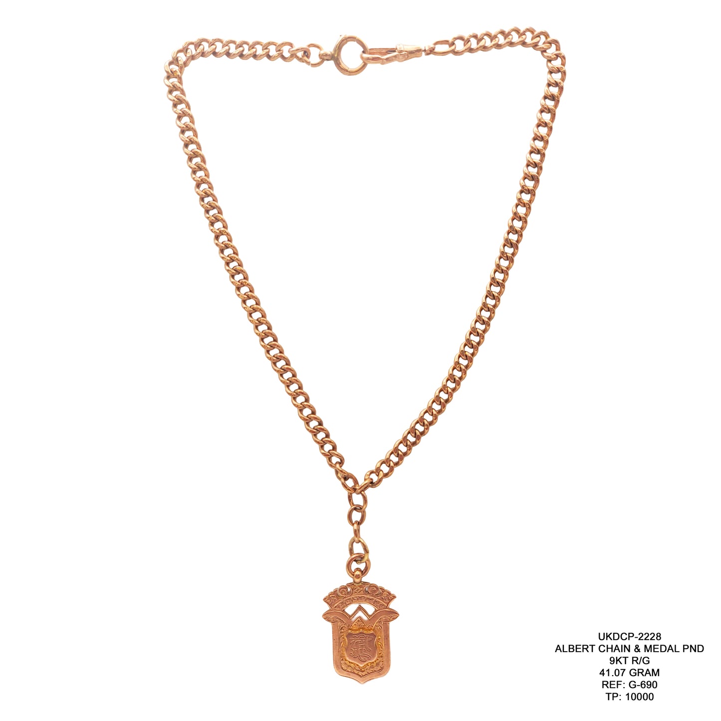 9KT Rose Gold Albert Chain & Medal Pendant 41.07GM – Luxury Vintage Style Gold Chain