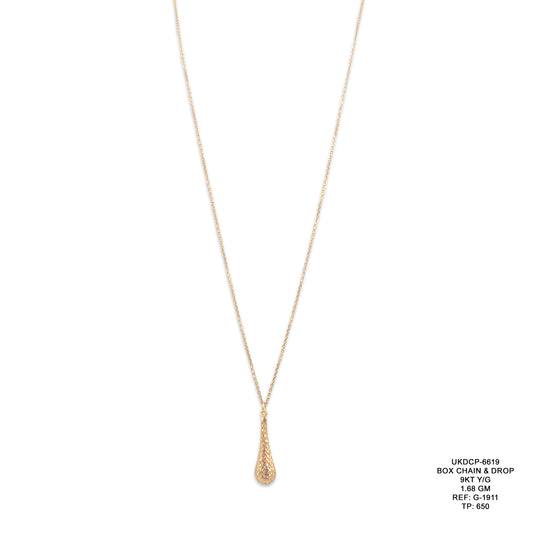 9KT Yellow Gold Box Chain & Drop Pendant Necklace 1.68GM – Delicate Gold Drop Necklace for Women