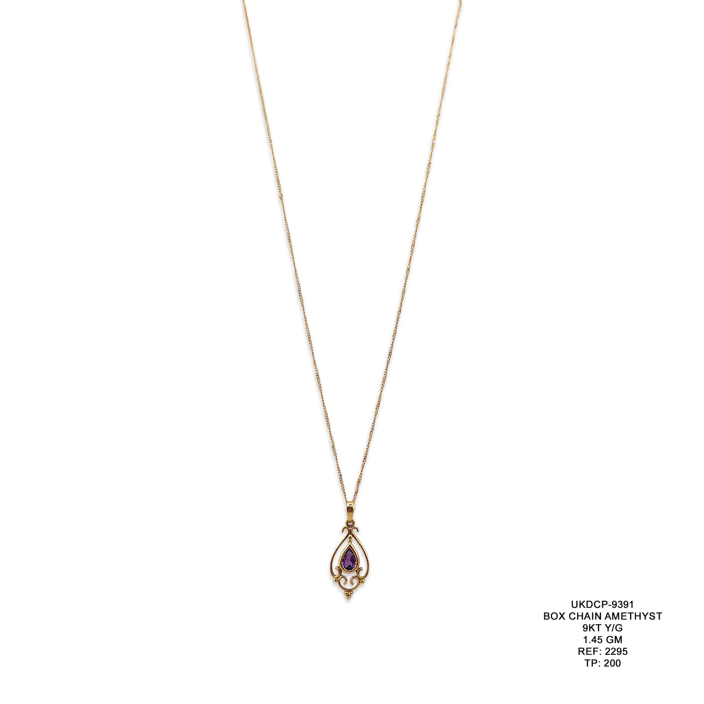 9KT Yellow Gold Box Chain with Amethyst Pendant 1.45GM – Elegant Amethyst Gold Necklace